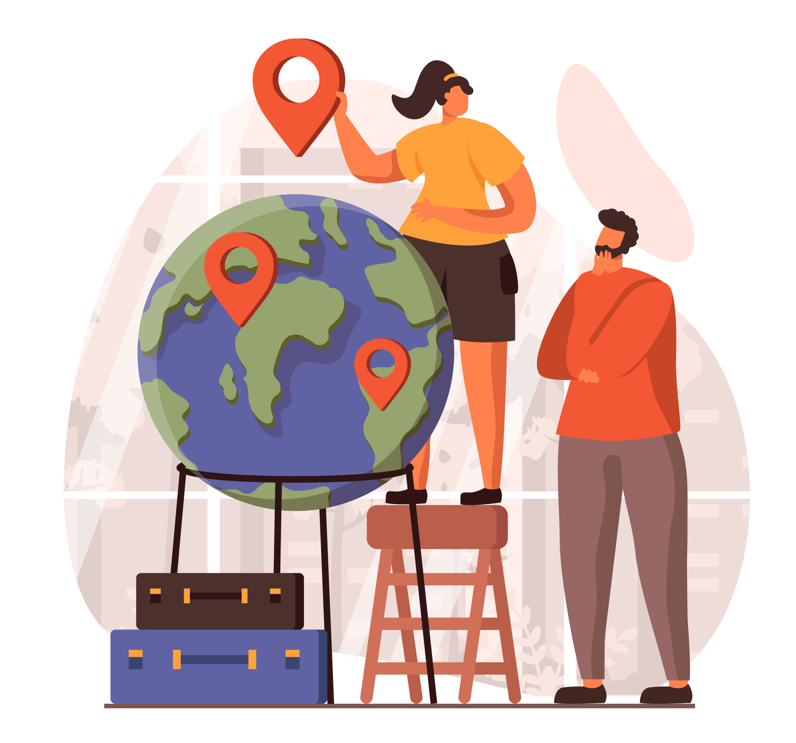 Travelling web concept in flat design. Couple with suitcases goes on vacation together and choosing location in globe. Man and woman going to worldwide travel. Vector illustration with people scene